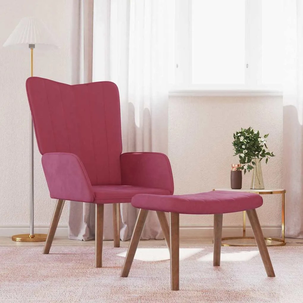 vidaXL Cadeira de descanso com banco veludo vermelho tinto