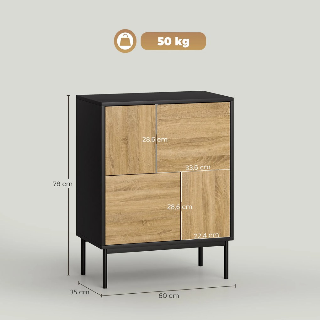 Aparador de sala 60 x 35 x 78 cm, móvel de arrumação, armário de cozinha com portas de empurrar e 4 armários de estilo moderno, preto, efeito de madei