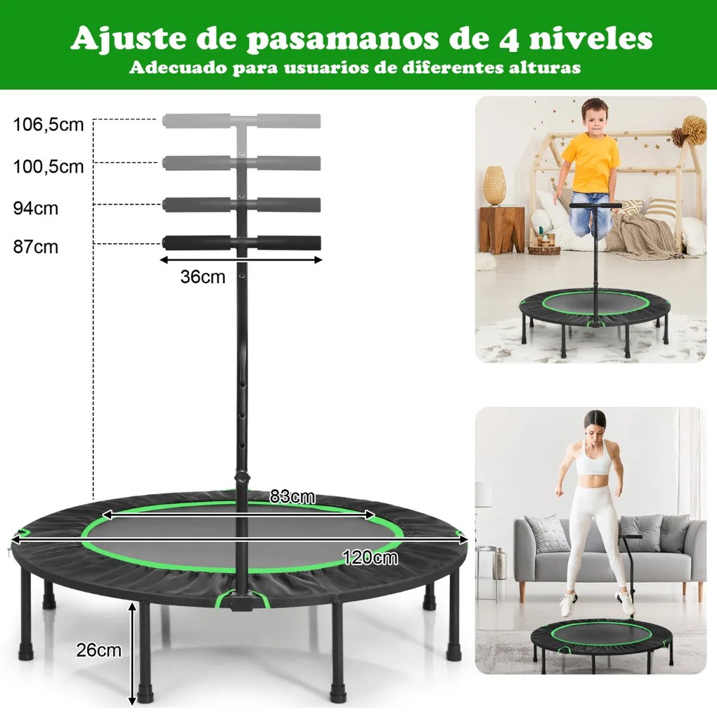 Trampolim Fitness dobrável com cabo ajustável e almofada de segurança para crianças verde e preto 120 cm