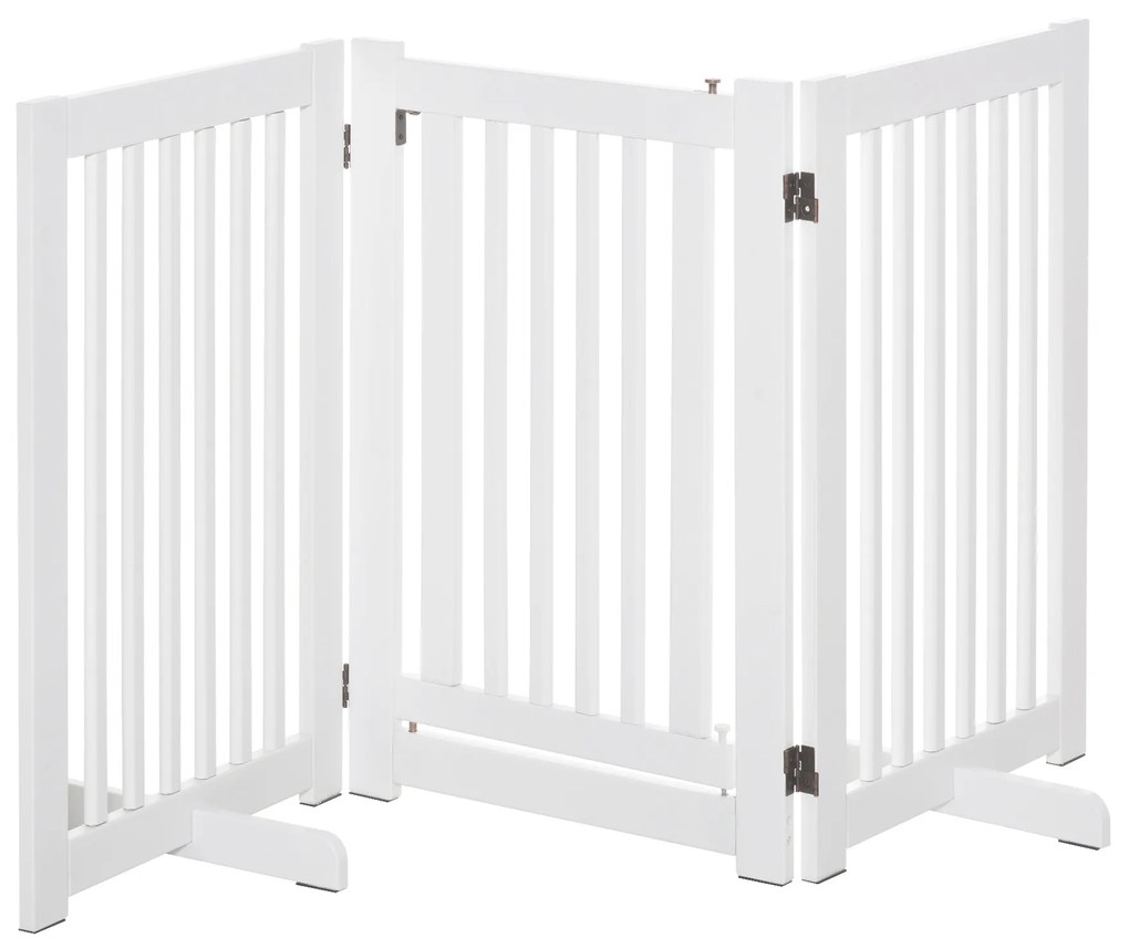 PawHut Barreira para Cães de Madeira Barreira para Animais de Estimação Dobrável de 3 Painéis com 1 Porta e Pés de Apoio 155x35,5x76 cm Branco