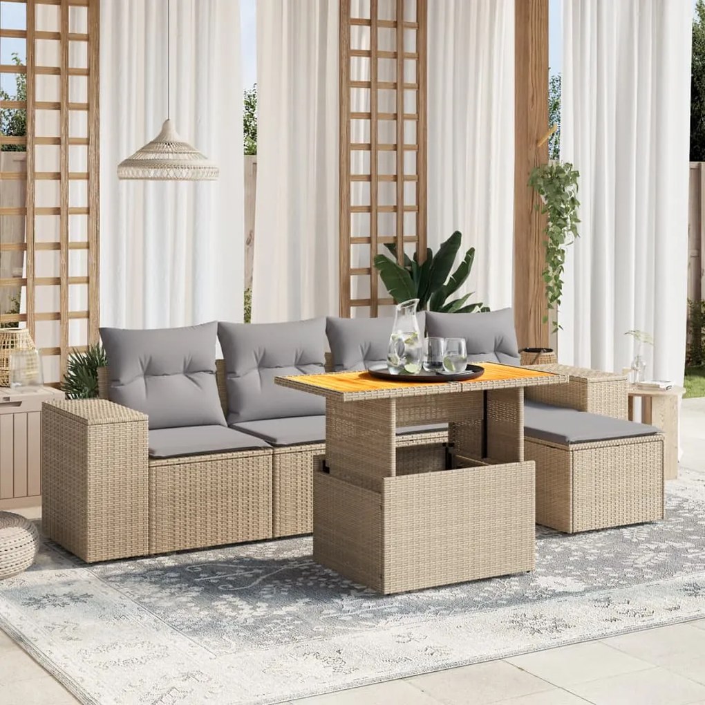 vidaXL 6 pcs conjunto de sofás p/ jardim com almofadões vime PE bege