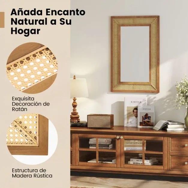 Espelho de parede decorativo de rattan Estilo boémio retangular com moldura de madeira Pendurado na vertical ou na horizontal  90 x 60 cm