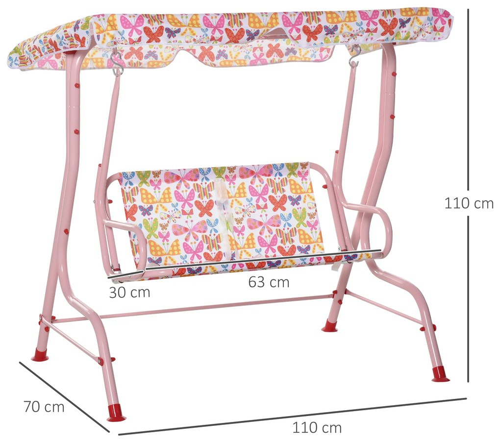 Baloiço de jardim para crianças acima de 3 anos de 2 lugares com toldo ajustável em ângulo e cintos de segurança ao ar livre 110x70x110 cm rosa