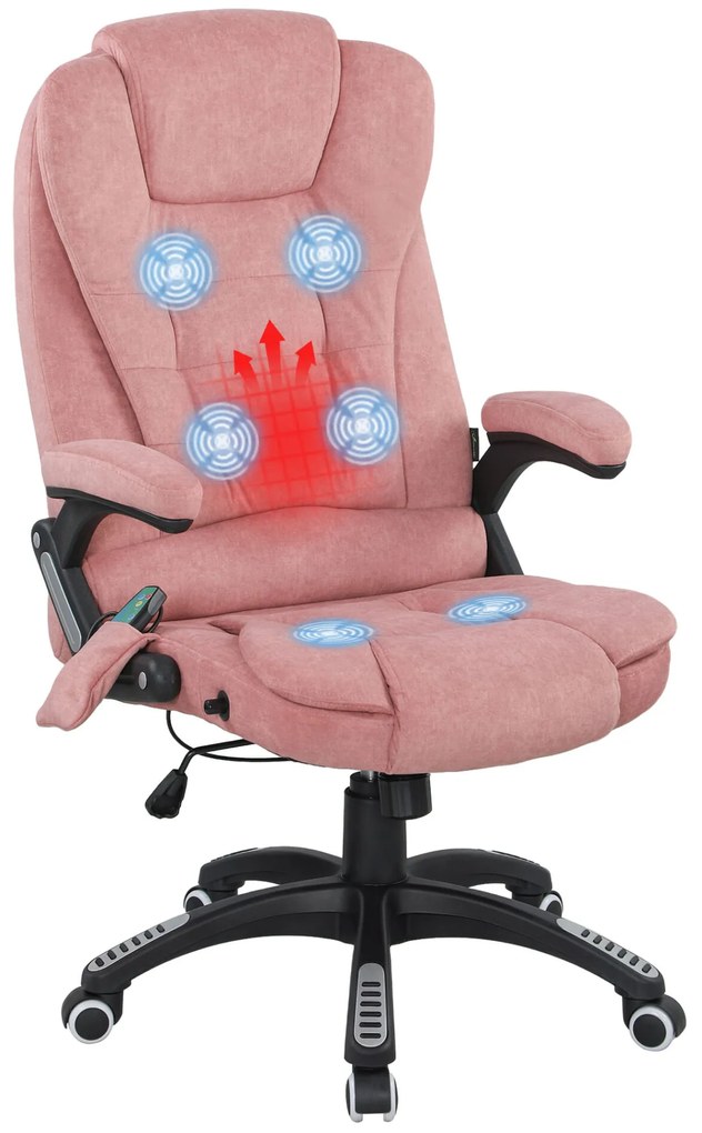 Vinsetto Cadeira de Massagem com 6 Pontos de Massagem Cadeira de Escritório Reclinável até 125° com Função de Aquecimento Altura Ajustável e Rodas para Estúdio 65x71x110-120 cm Rosa
