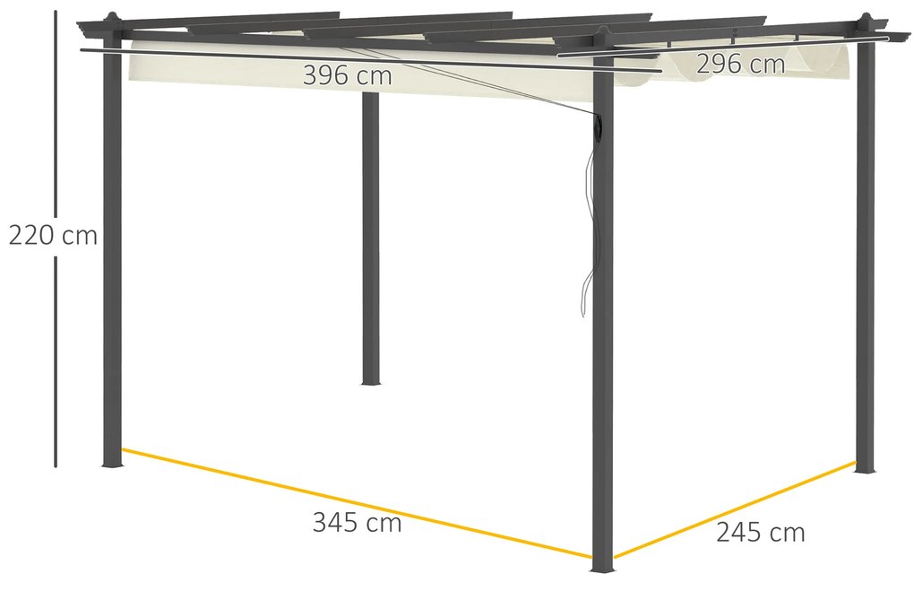 Outsunny Pérgola de Alumínio 4x3 Pérgola de Jardim com Teto Retrátil Tecido de Poliéster e 8 Orifícios de Drenagem para Pátio Terraço Exterior Creme