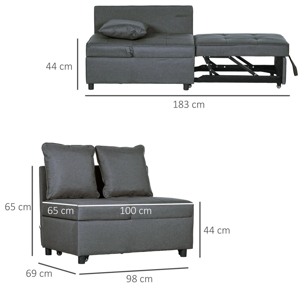 Sofá Cama 3 em 1 Sofá de 2 Lugares com Encosto Ajustável Sofá Cama Individual com Almofadas 65x98x69 cm Cinzento