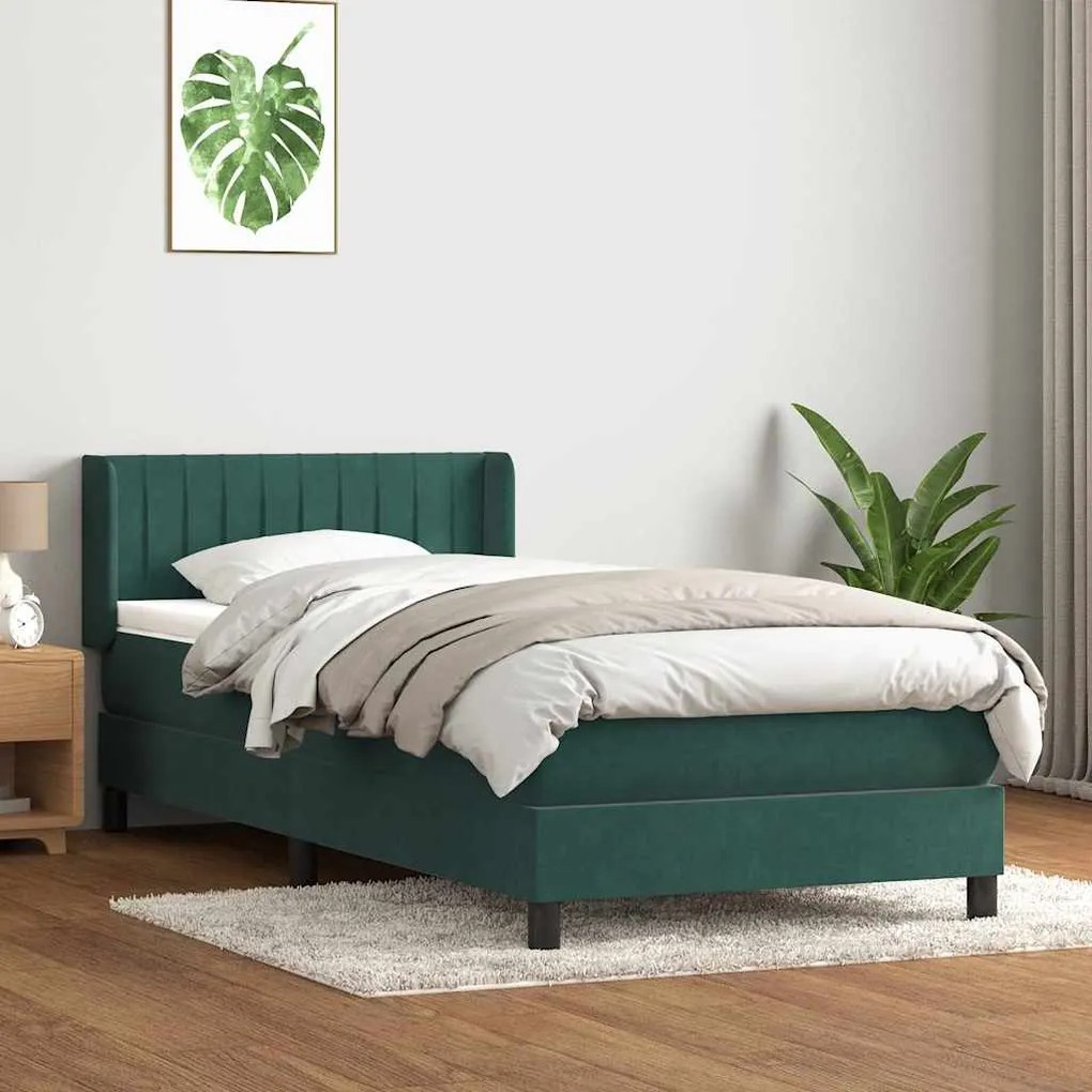 Cama com molas/colchão 90x220 cm veludo verde-escuro