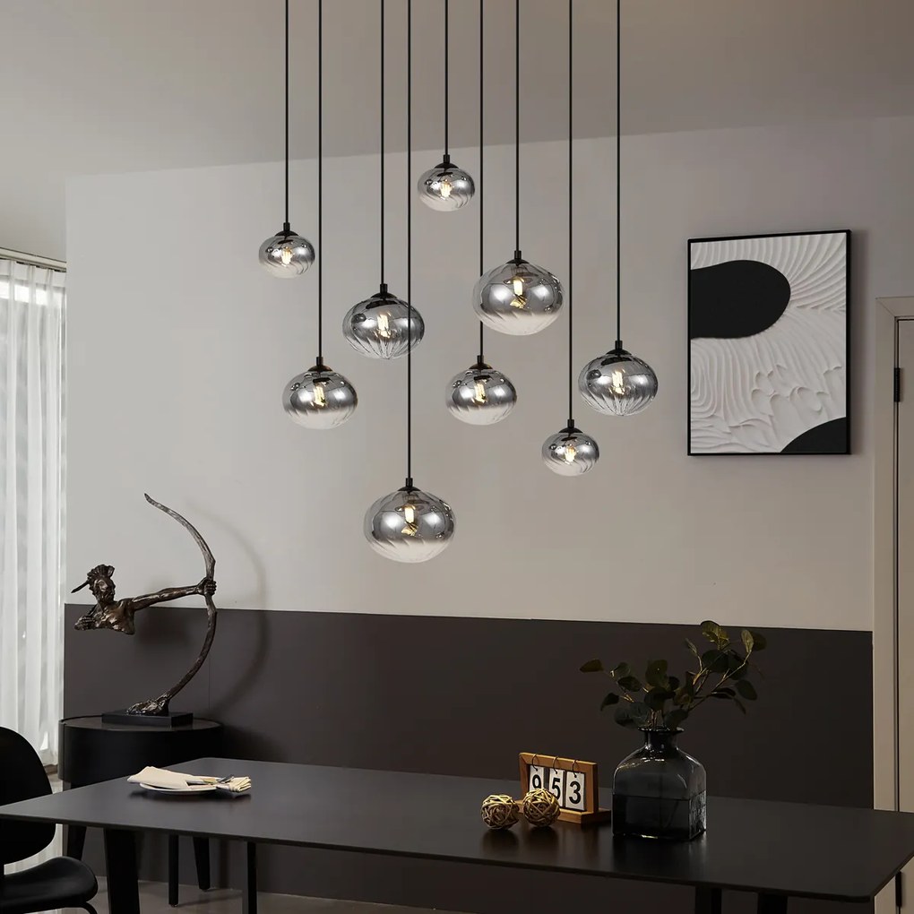 Candeeiro suspenso moderno preto com vidro fumado 9 luzes - Jia