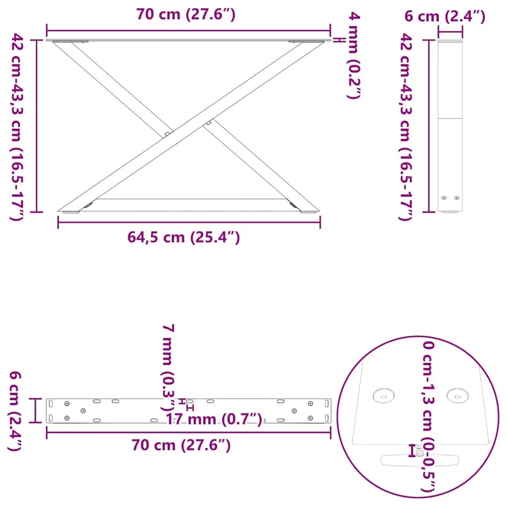 Pés para mesa de centro 2 peças aço natural 70x(42-43,3) cm aço
