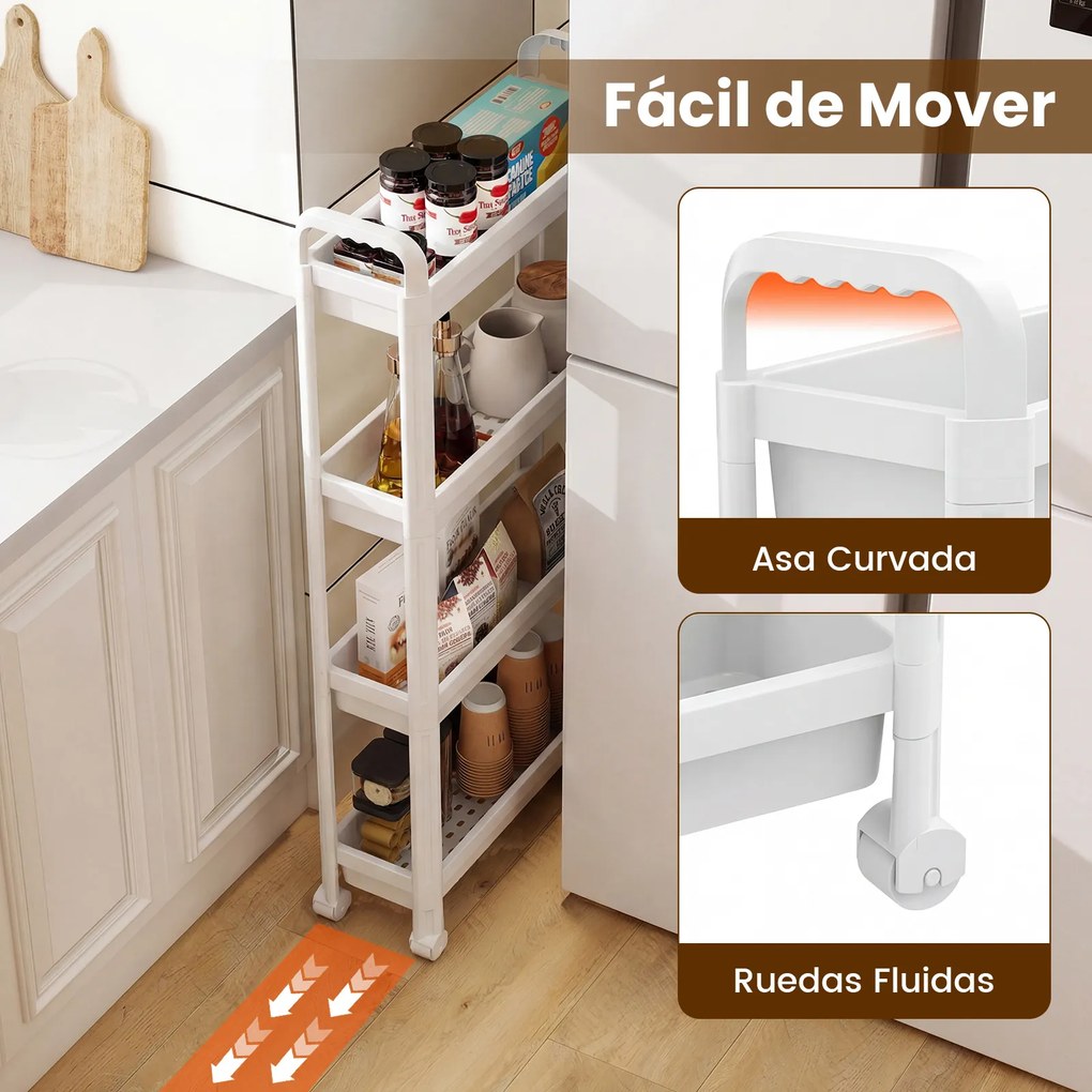 Carrinho estreito de 4 níveis com rodas e pegas 54 × 18,5 × 103 cm Organizador móvel para cozinha, casa de banho, lavandaria e escritório Branco