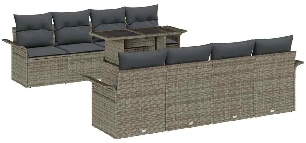 Conjunto de Sofá de Jardim de 9 Peças com Almofadas Cinza Polirattan
