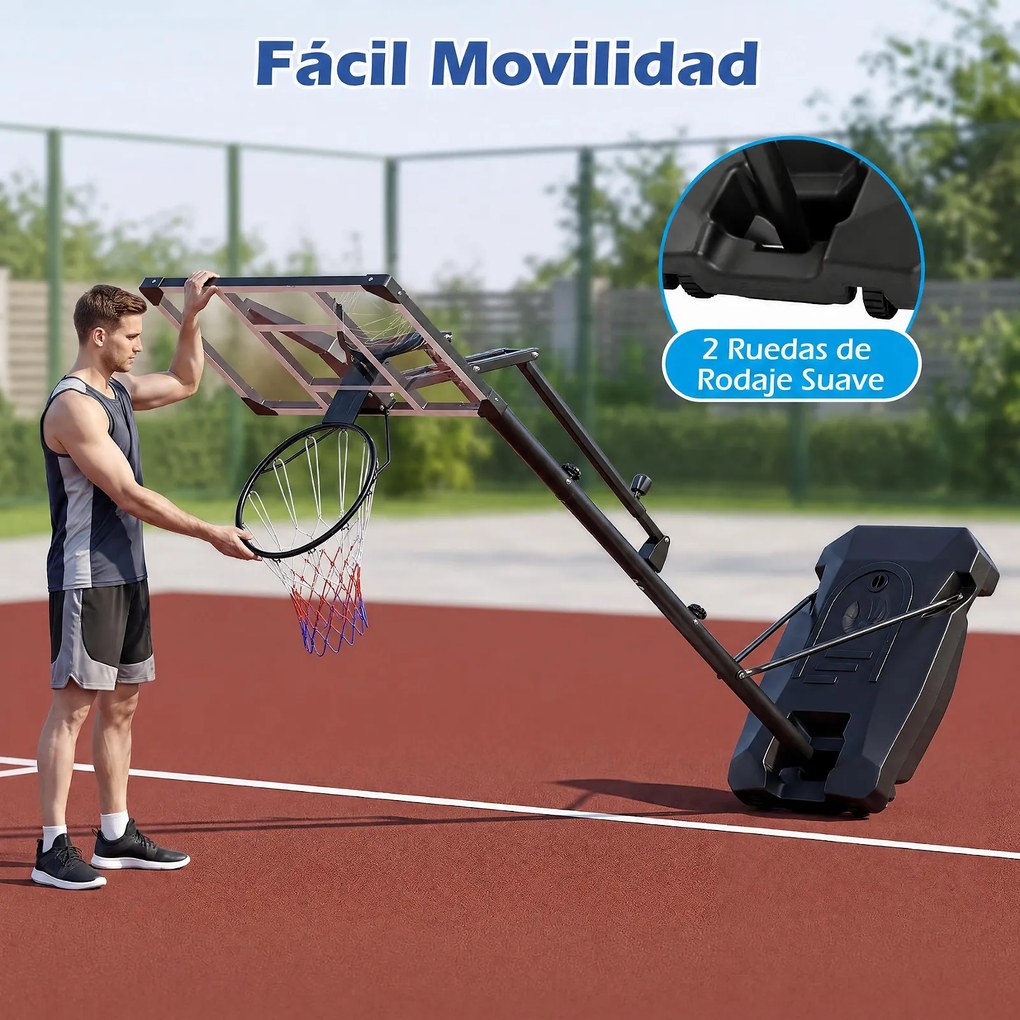 Cesto de Basquetebol Portátil, 88 x 53 x 258-303 cm, Altura Regulável em 8 Níveis, Preto