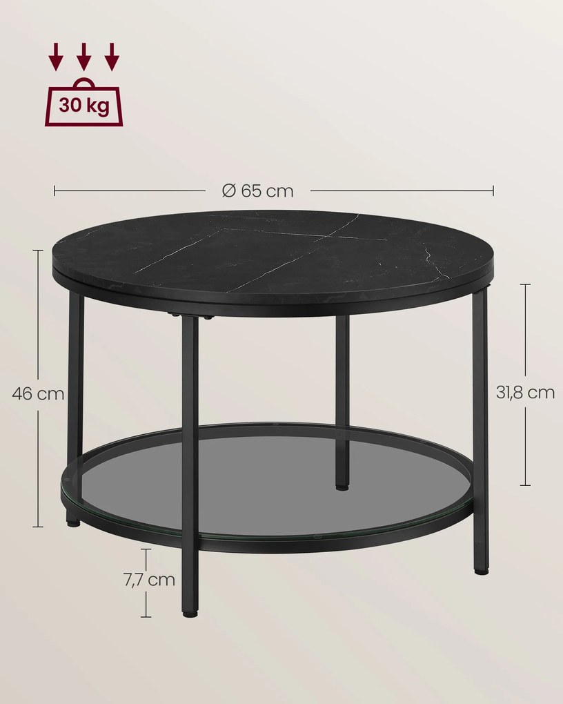 Mesa de centro 65 x 46 cm (Ø x A) de 2 níveis com tampo em efeito mármore-Preto