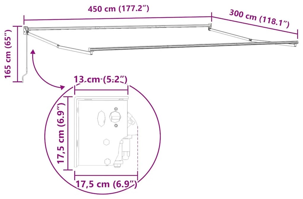 Toldo retrátil 4,5x3 m tecido e alumínio antracite e branco