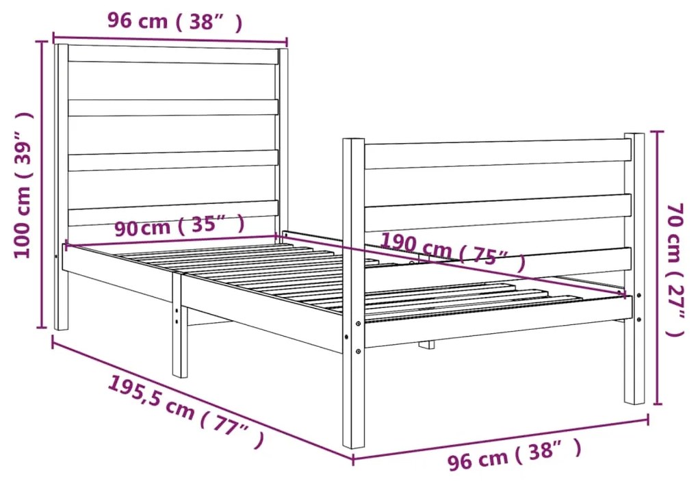 Estrutura de cama solteiro 90x190 cm pinho maciço branco