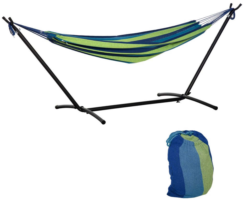 Outsunny Cama Rede Suporte 298x117 cm Bolsa Transporte Altura Ajustável 120 kg Campismo Pátio Verde Azul Praticidade | Aosom Portugal