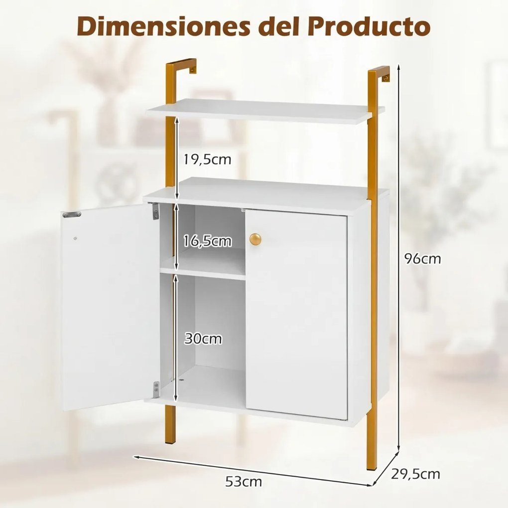 Estante de parede de 4 prateleiras com portas 53 x 29,5 x 96 cm e puxadores dourados para sala, quarto ou escritório Branco + Dourado