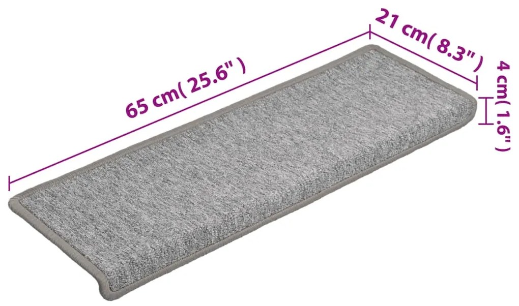 Tapete/carpete para escadas 15 pcs 65x21x4 cm cinzento-claro