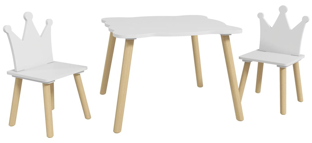 Mesa Infantil com 2 Cadeiras com Encosto em Forma de Coroa para Crianças de 3-6 Anos para Sala de Jogos Dormitório Branco