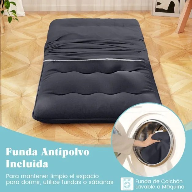 Colchão enrolável para o chão com capa lavável e com bolsa de transporte 200 x 90 x 10 cm - preto