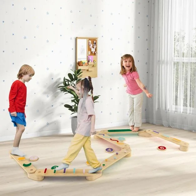 Conjunto de traves de equilíbrio Montessori com pedras para mais de 1 criança Traves de equilíbrio em madeira para coordenação e capacidades motoras