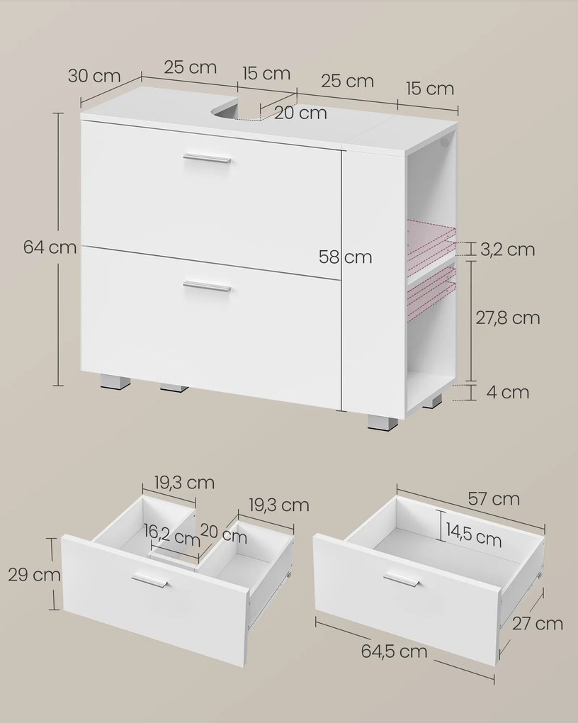 Armário Casa de Banho 30 x 80 x 64 cm (lavatório não incluido) 2 gavetas e com compartimentos abertos Branco