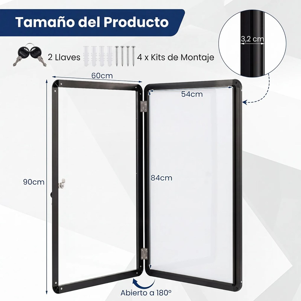 Quadro de Avisos Magnético, 90 x 60 x 3,2 cm, Porta com Fechadura, Preto+Branco