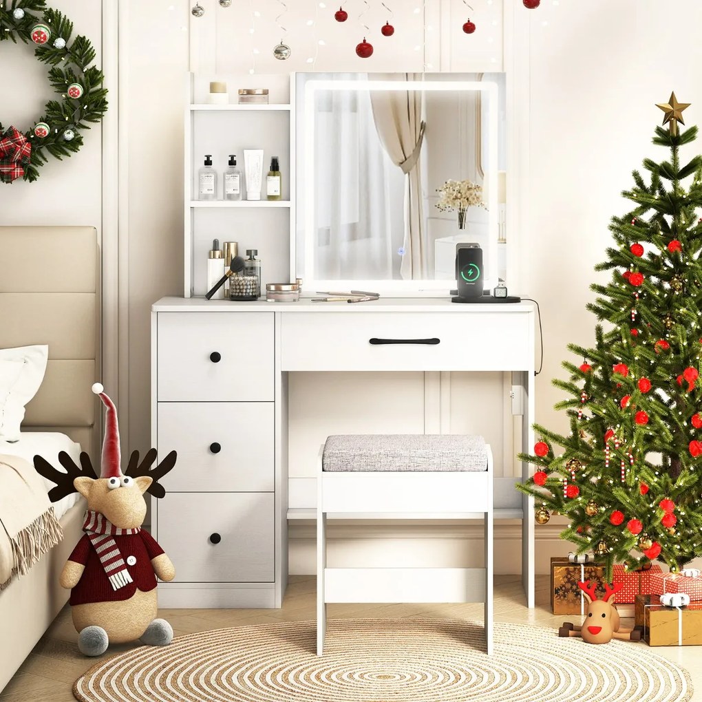 Toucador com espelho 96 x 40 x 135 cm e luzes e banco com 4 gavetas e prateleiras de armazenamento com luz ajustável Branco