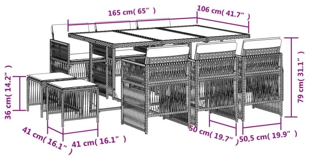 11 pcs conjunto de jantar p/ jardim c/ almofadões vime PE preto