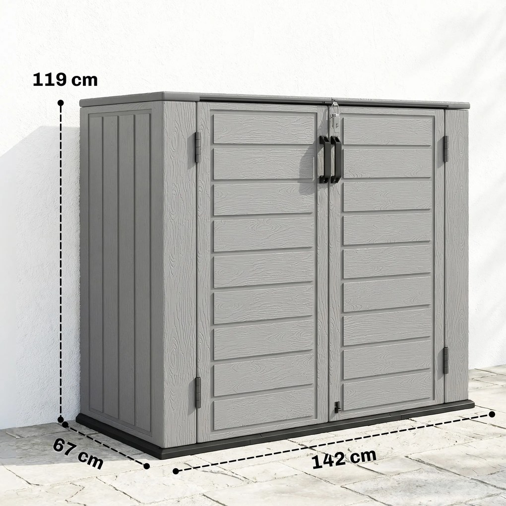Abrigo de Jardim Exterior de HDPE 940L com Tampa Dobrável e 2 Portas, Fecho para Armazenamento 142x67x119 cm Cinzento Claro