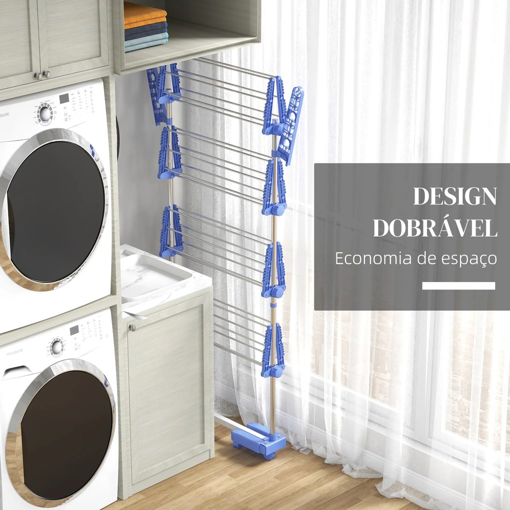 Estendal Vertical Dobrável de 4 Níveis com 6 Rodas 2 Laterais Dobráveis Prateleiras Ajustáveis 142x55x172 cm Azul