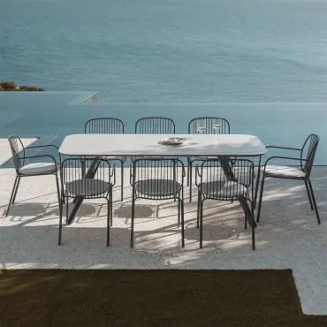 Conjunto De Mesa Retangular 200x95 Cm Em Alumínio Brinela E 8 Cadeiras De Jardim Com Apoios De Braços Em Aço Anerina Cinza Grafito - Sklum