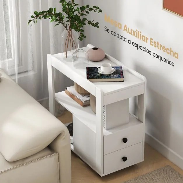 Mesa Lateral para Sofá ou Mesa de Cabeceira 65 x 30 x 62 cm com 2 Gavetas e Prateleiras Abertas com Rodas para Sala Branco
