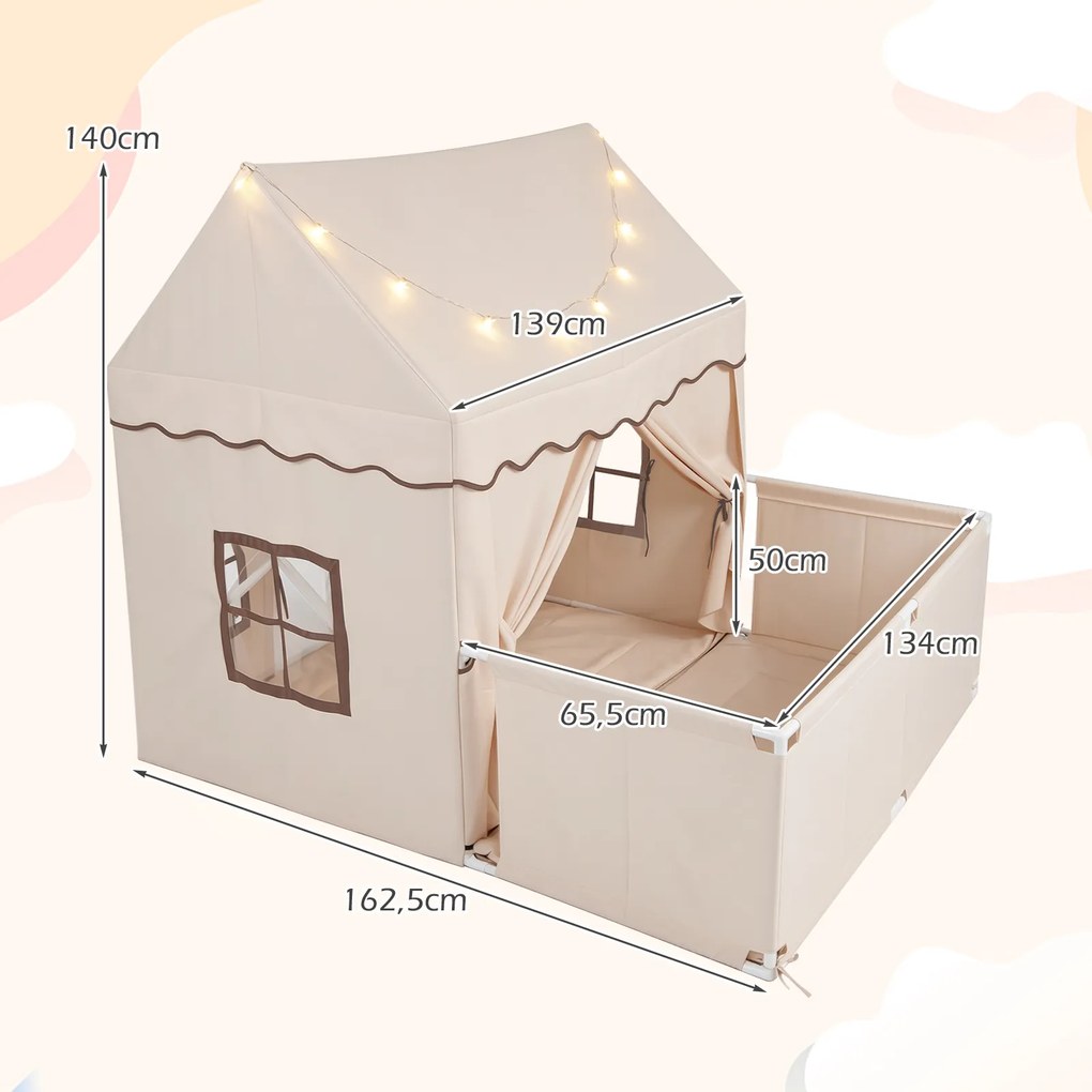 Tenda de Jogos Infantil com Parque 2 em 1, 162,5 x 139 x 140 cm, Tapete Removível, Bege
