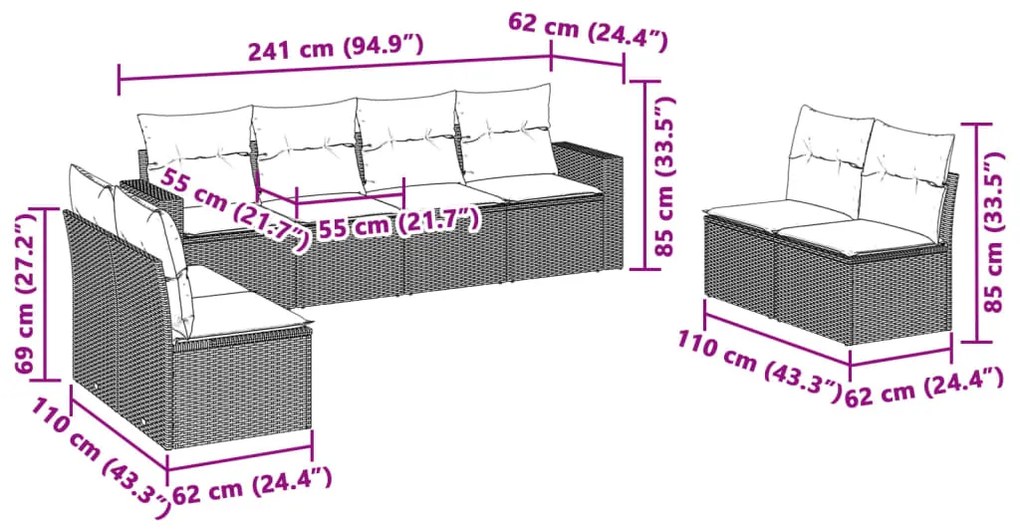8 pcs conj. sofás jardim c/ almofadões vime PE cinzento-claro