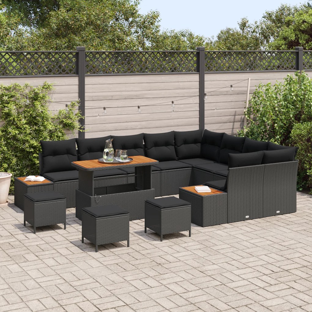 Conjunto de Sofá de Jardim vidaXL com Almofadas Preto Vime PE Acácia,