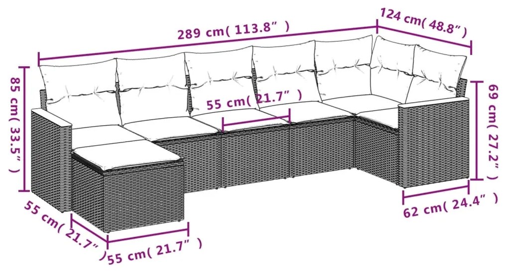 7 pcs conjunto de sofás p/ jardim com almofadões vime PE bege