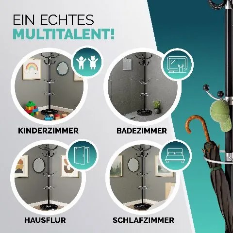 Cabide Porta-casacos preto de 173 cm com base em mármore preto