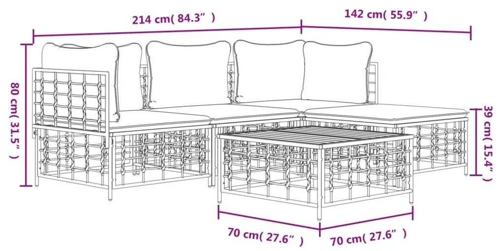 4 pcs conjunto lounge de jardim c/ almofadões vime PE antracite