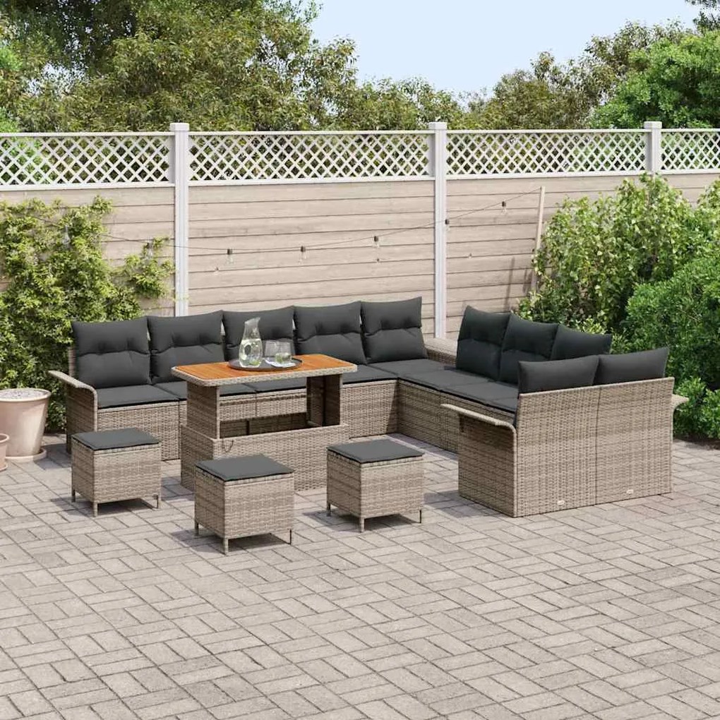 Conjunto de Sofá de Jardim de 14 Peças com Almofadas Cinzas em Rattan