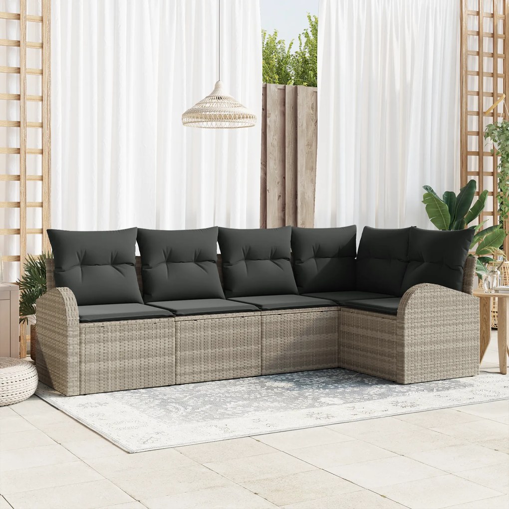 Conjunto de Sofás de Jardim de 5 Peças com Almofadas Cinza Claro Polyr