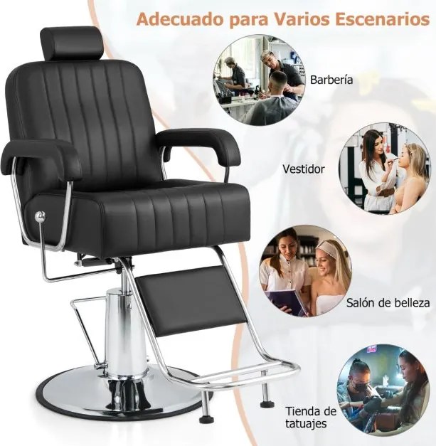 Cadeira de cabeleiro, barbeiro 108-121 cm com apoio de cabeça giratório de 360° Encosto reclinável e regulação da altura Carga 150 kg Preto