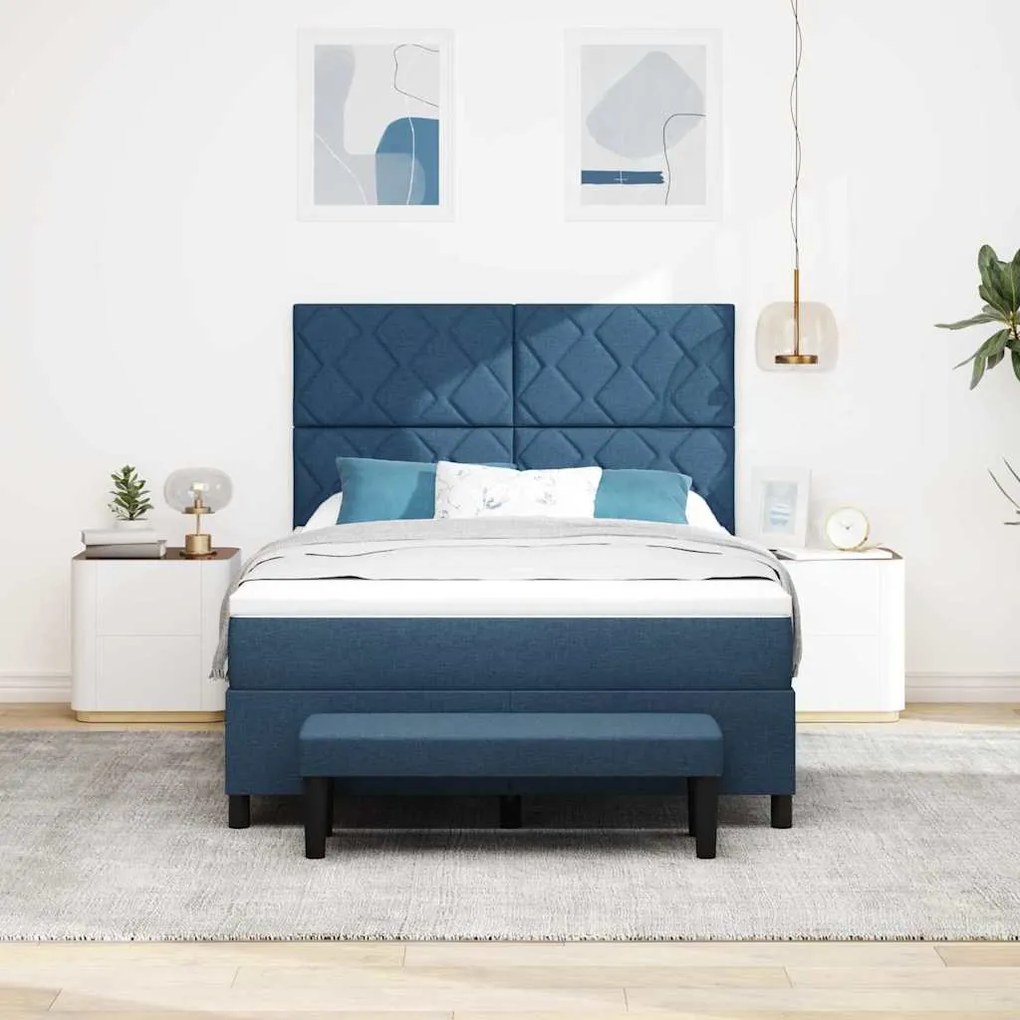 Cama Box Spring com Colchão e Banco Azul 140x190 cm Tecido