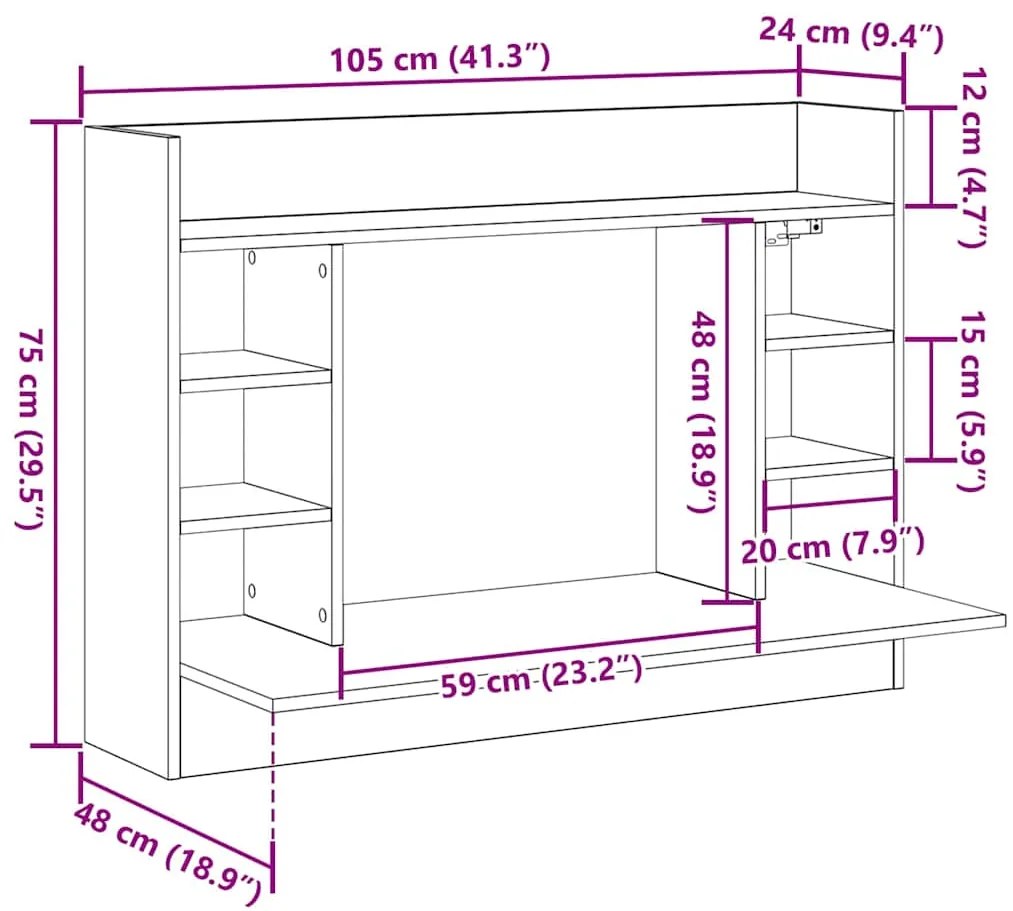 Secretária Montada na Parede Carvalho Antigo 105x48x75 cm Madeira Enge