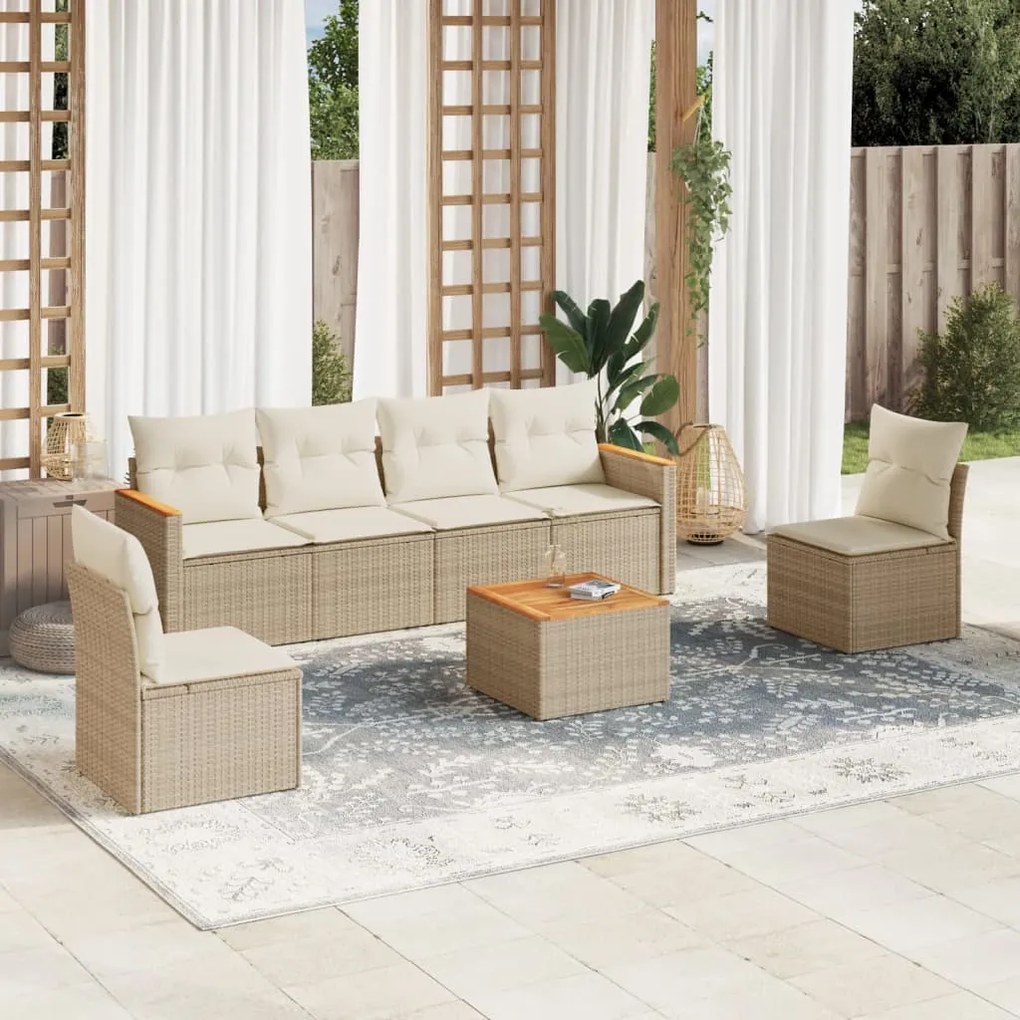 vidaXL 7 pcs conjunto de sofás p/ jardim com almofadões vime PE bege