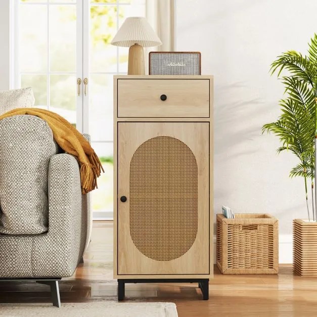 Armario arrumação de rattan PE com gaveta deslizante Porta de rattan PE Suporte metálico com pernas ajustáveis para sala de estar Quarto Hall de entra