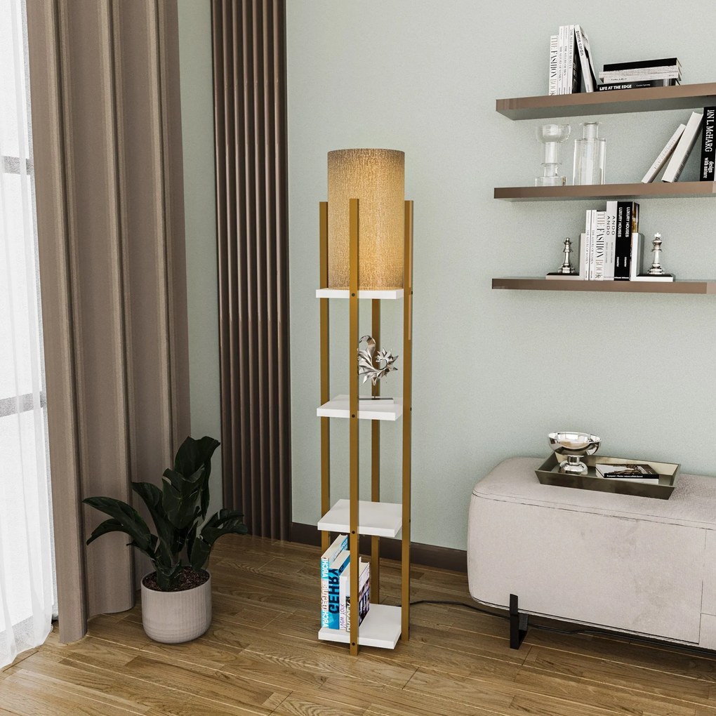 Candeeiro de Chão Shelf Lamp – Dourado e Branco – 25x25x130 cm