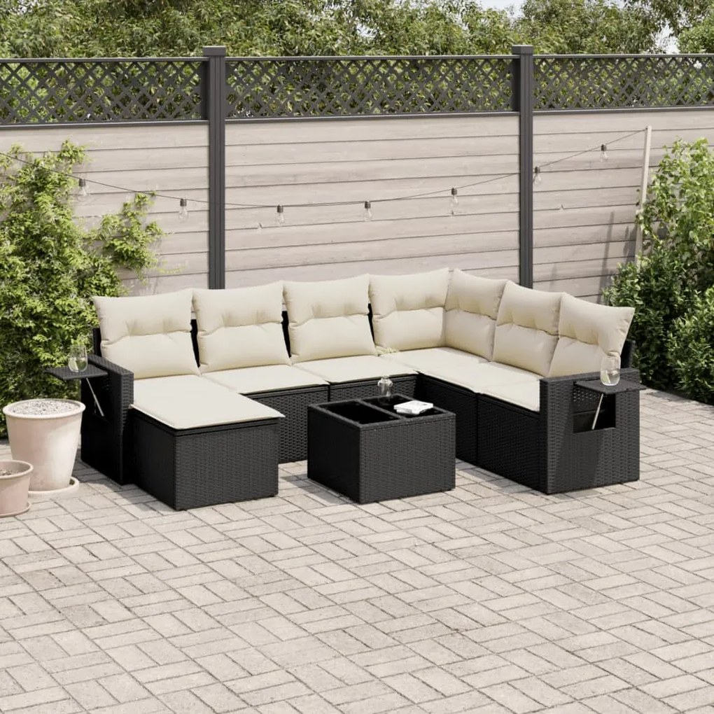 8 pcs conjunto sofás de jardim com almofadões vime PE preto