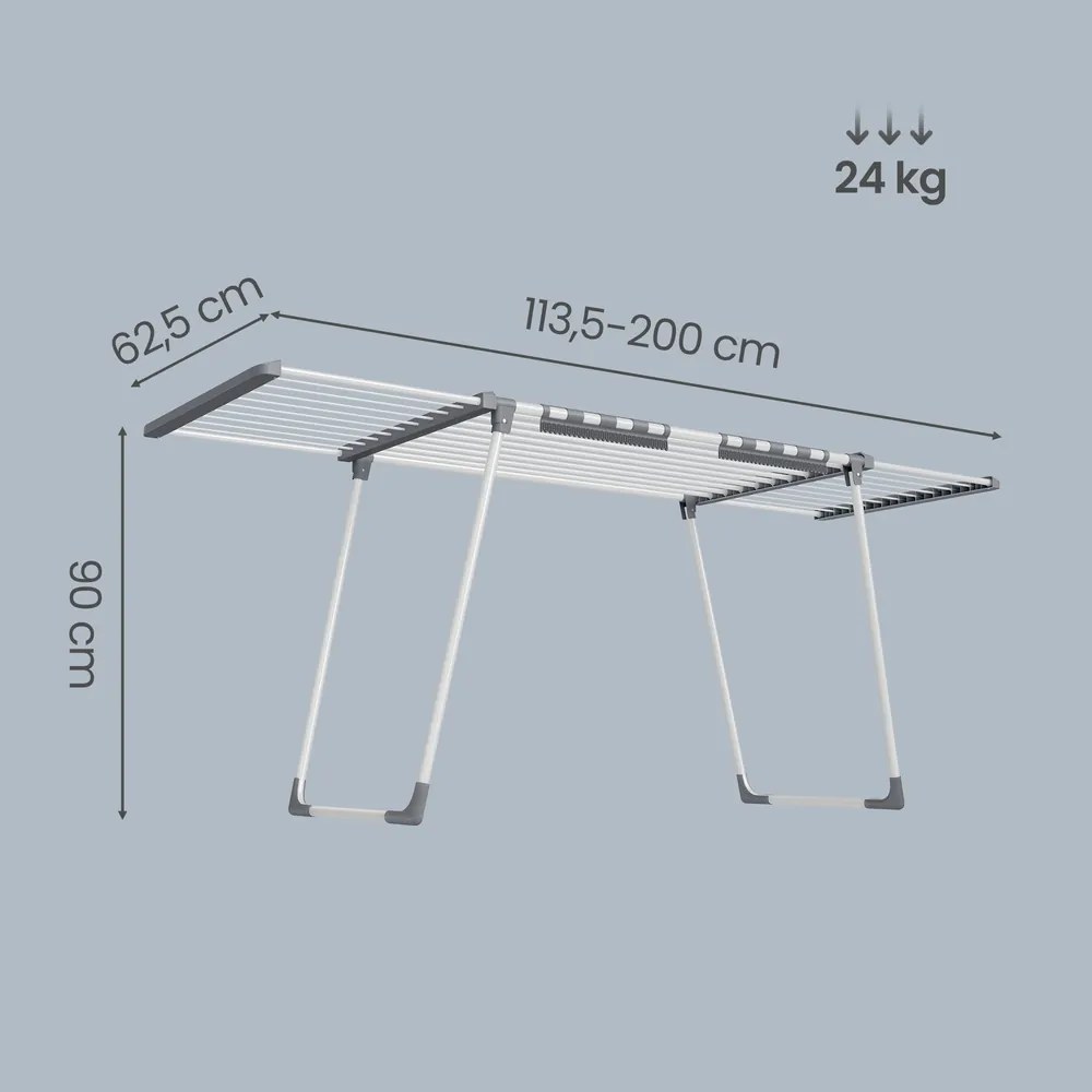 Estendal roupa, secador de roupa de pé, 62,5 x (113,5-200) x 90 cm com braços extensíveis Branco-cinza
