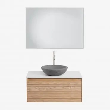 Conjunto De Móveis De Banheiro Em Madeira Tedrik Ash Castanho Fresno & Cimento Cinzento Redondo Ø40 Cm Tarsis & Led Retangular - Sklum
